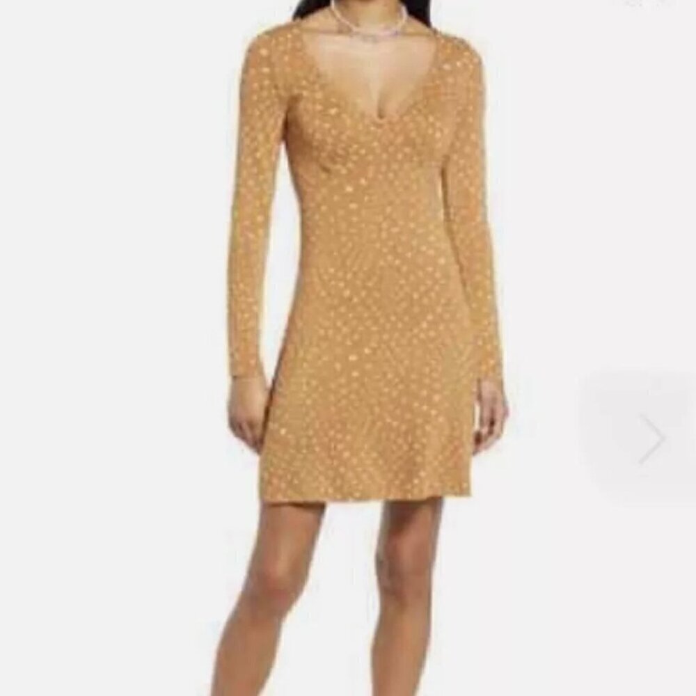 NWT bp Tan Polka Dot Long Sleeve V-Neck Sustainable Dress - Size: M